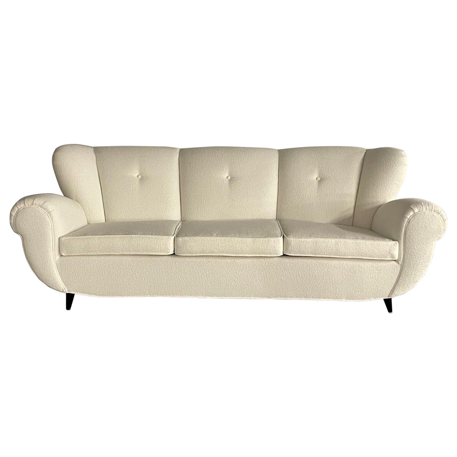 Guglielmo Ulrich, Mid-Century Modern, Three Seat Sofa, White Boucle, Wood, 1940s For Sale