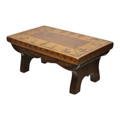 Antique Pyrography Small Folding Wooden Footstool Ottoman Stool