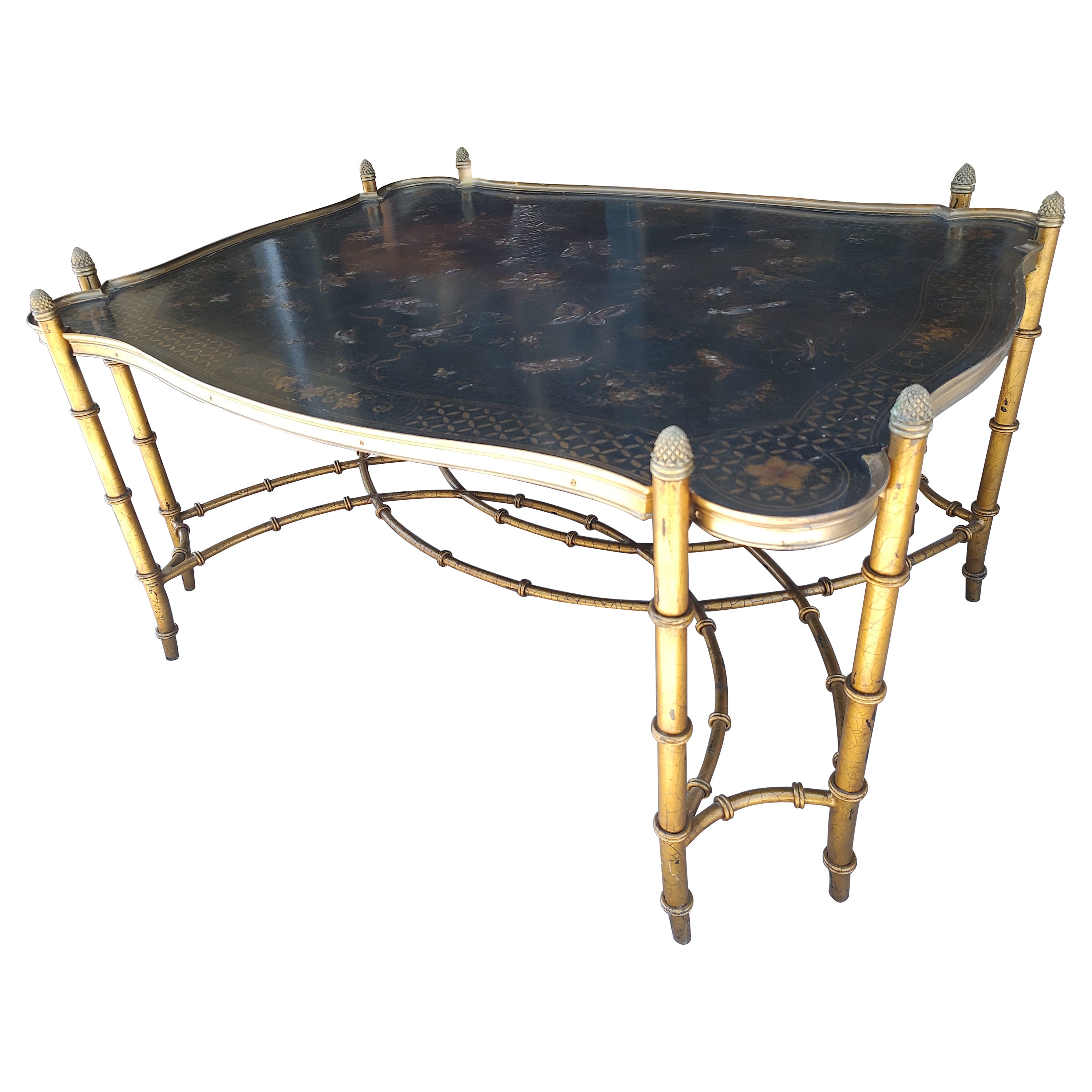 Hollywood Regency Gilt Faux Bamboo Cocktail Table w Embossed Butterflies & Birds