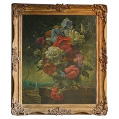 Antique Floral Still Life in an Italian Garden, Oil on Canvas