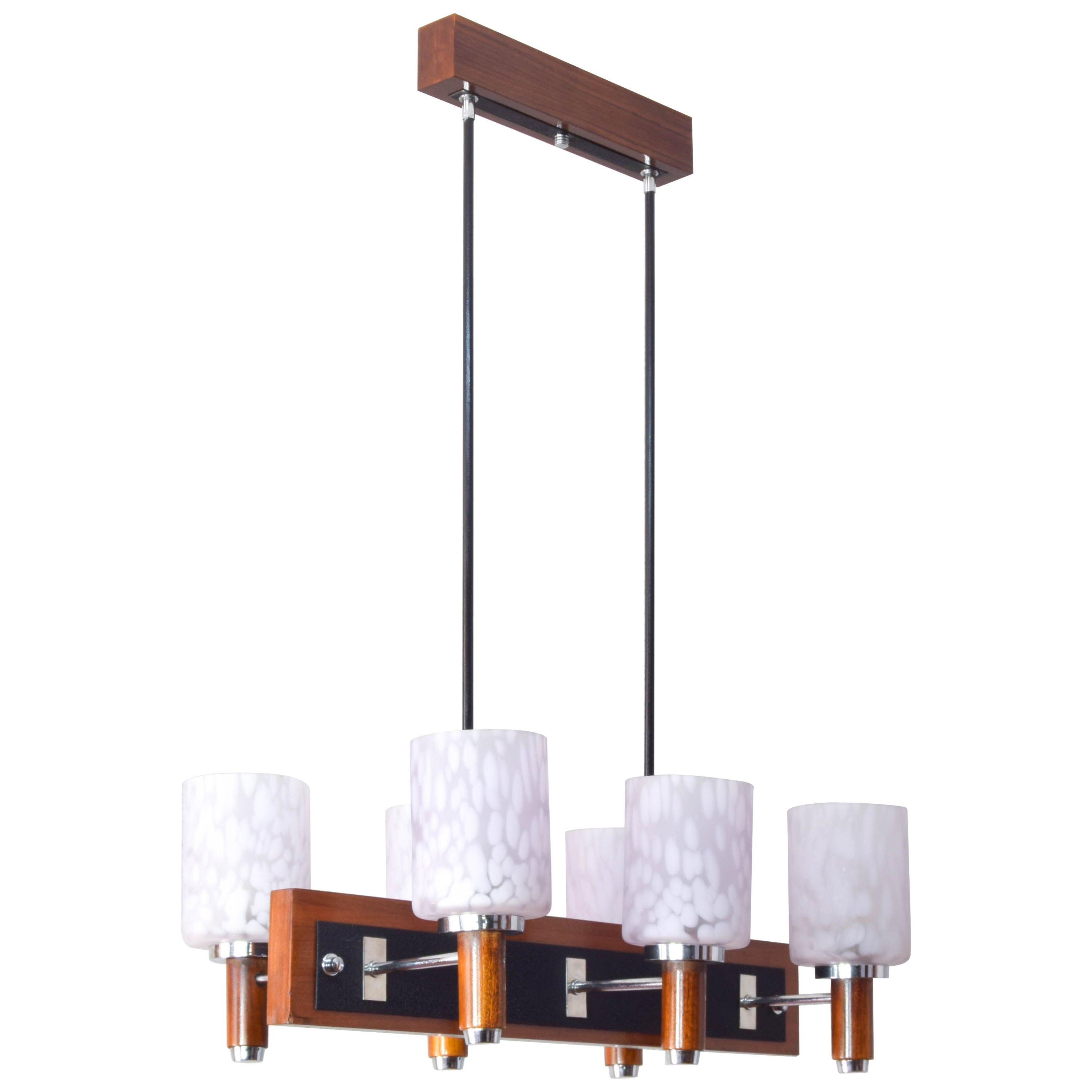 Six Lights Danish Teak and Murano Scandinavian Modern Chandelier 60s