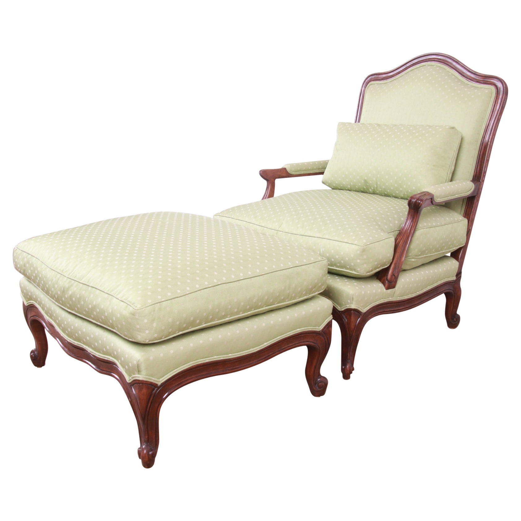 Minton-Spidell French Provincial Carved Walnut Upholstered Fauteuil with Ottoman