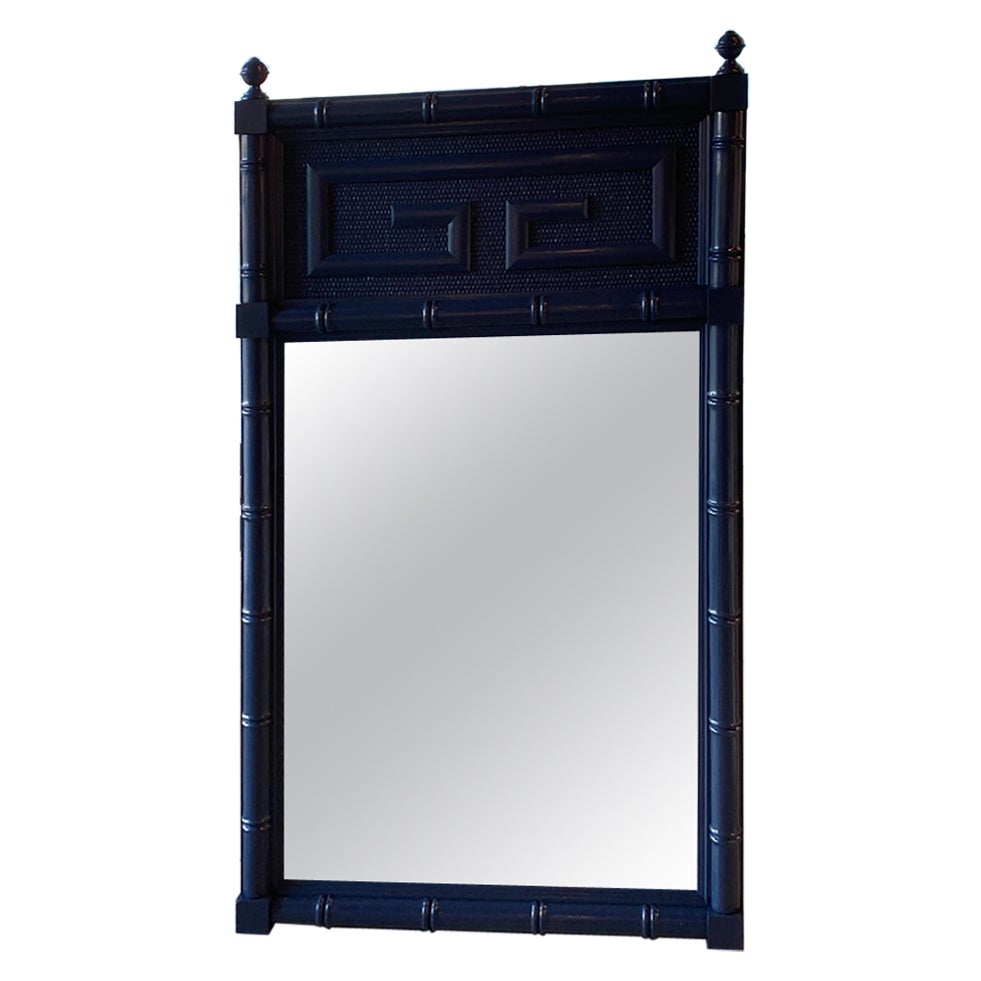 Vintage Navy Blue Lacquered Greek Key Faux Bamboo Wall Mirror Two Available For Sale