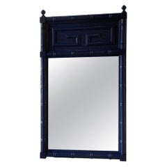 Vintage Navy Blue Lacquered Greek Key Faux Bamboo Wall Mirror Two Available