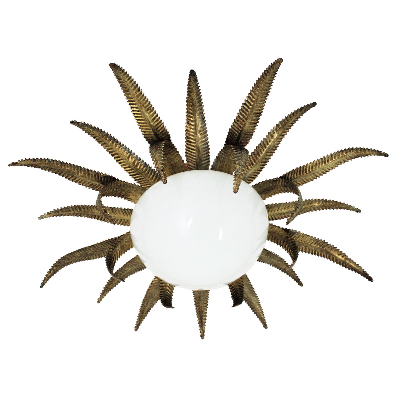 French Sunburst Starburst Light Fixture, Gilt Metal and Milk Glass