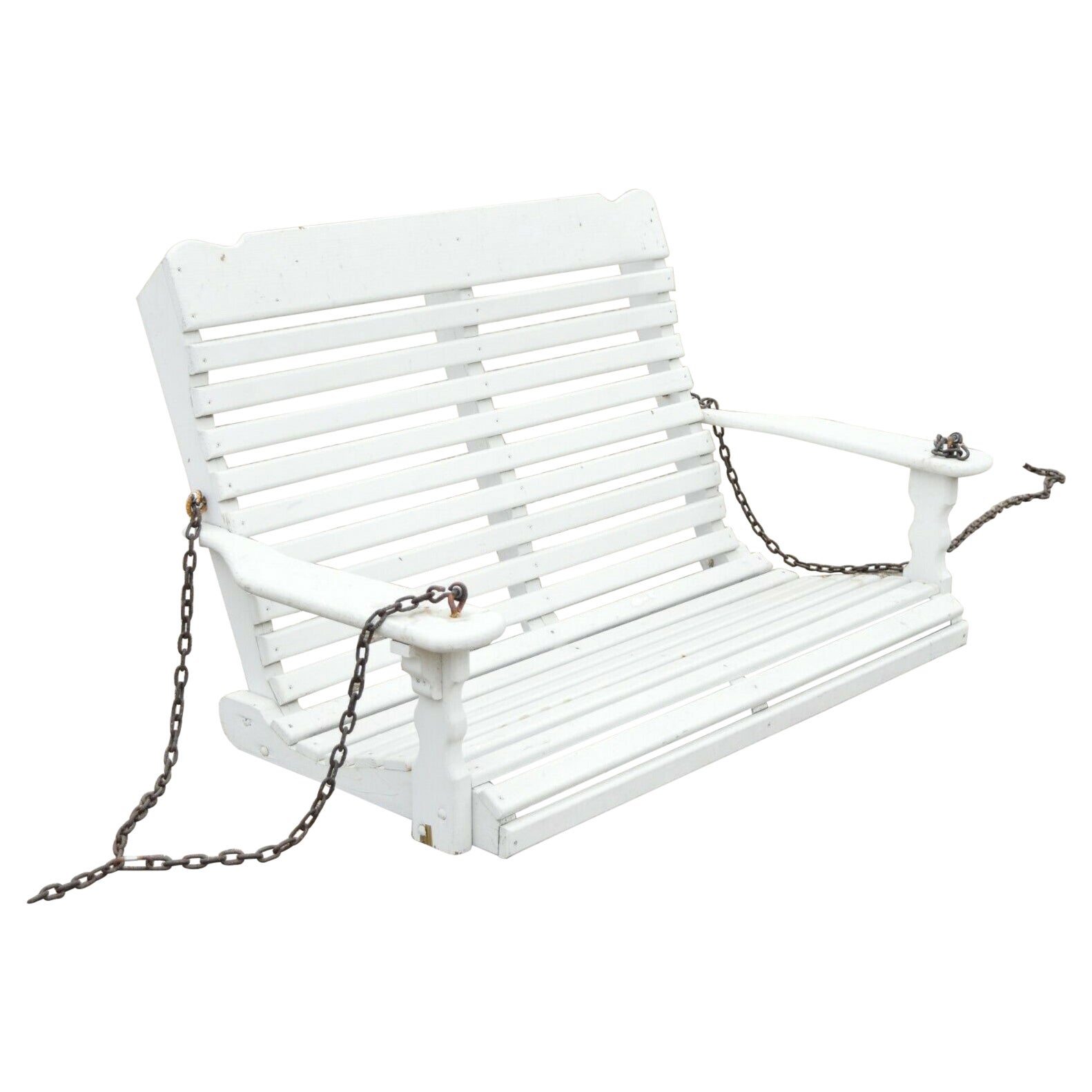 Vintage White Painted Wooden Slat Hanging Garden Patio Bench Love Seat Swing For Sale