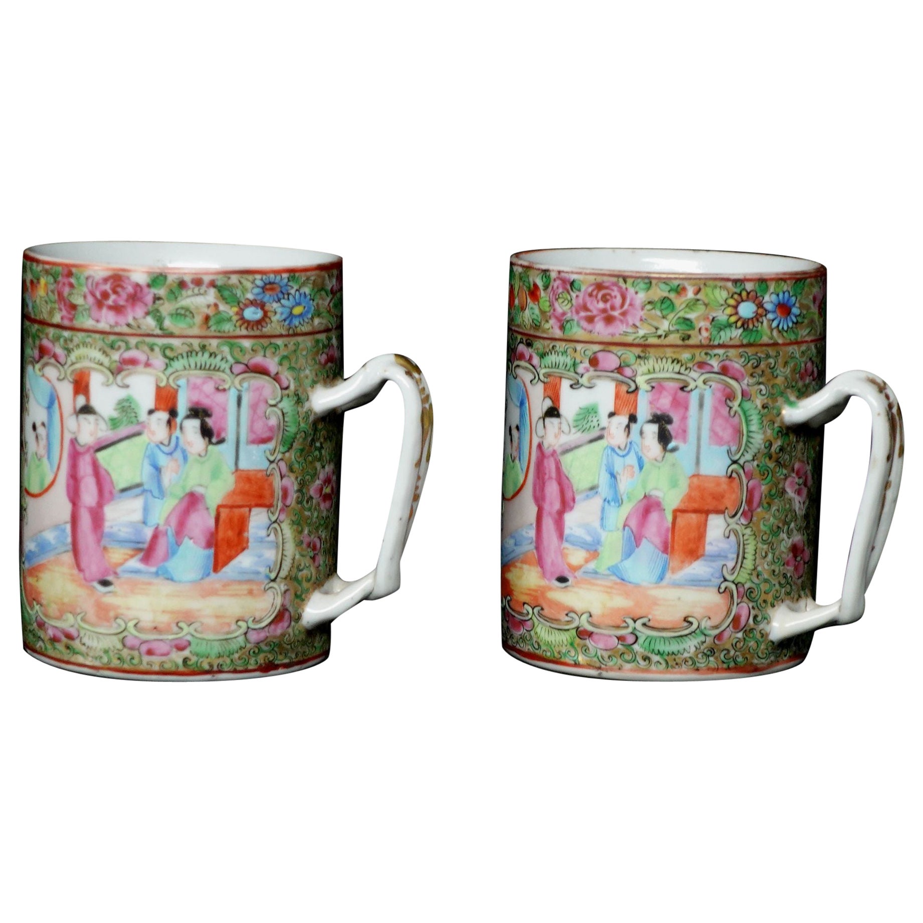 Pair of Rose Medallion Export Porcelain Mugs, China, 19th Century For Sale
