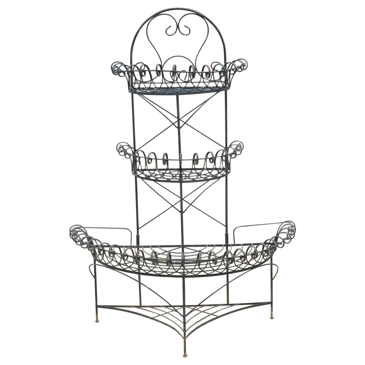 Antique French Victorian Iron Wire Scrolling 3 Tier Garden Demilune Planter For Sale