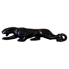 Retro Royal Haeger Ceramic Black Panther with Green Crystals Sculpture