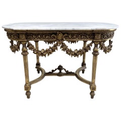 French Style Center Table with Carved Rose Swags and Marble Top