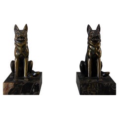 1935 Art Deco French German Shepherd on Marble Bases Bookends - a Pair