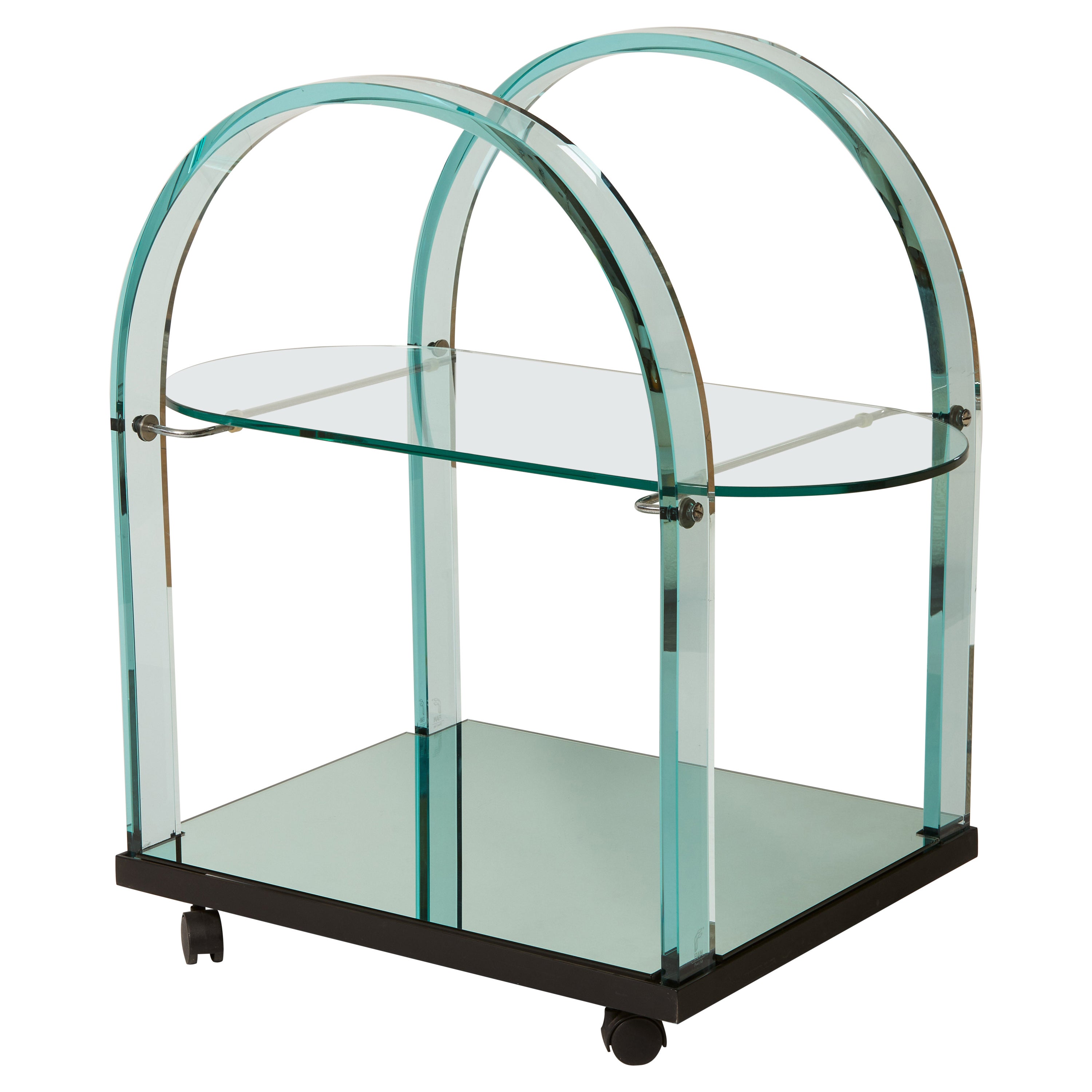 1980s Italian Bent Glass and Mirror Bar Cart For Sale