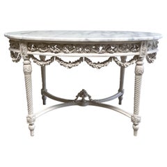 French Style Painted Center Table with Rose Swags and Marble Top