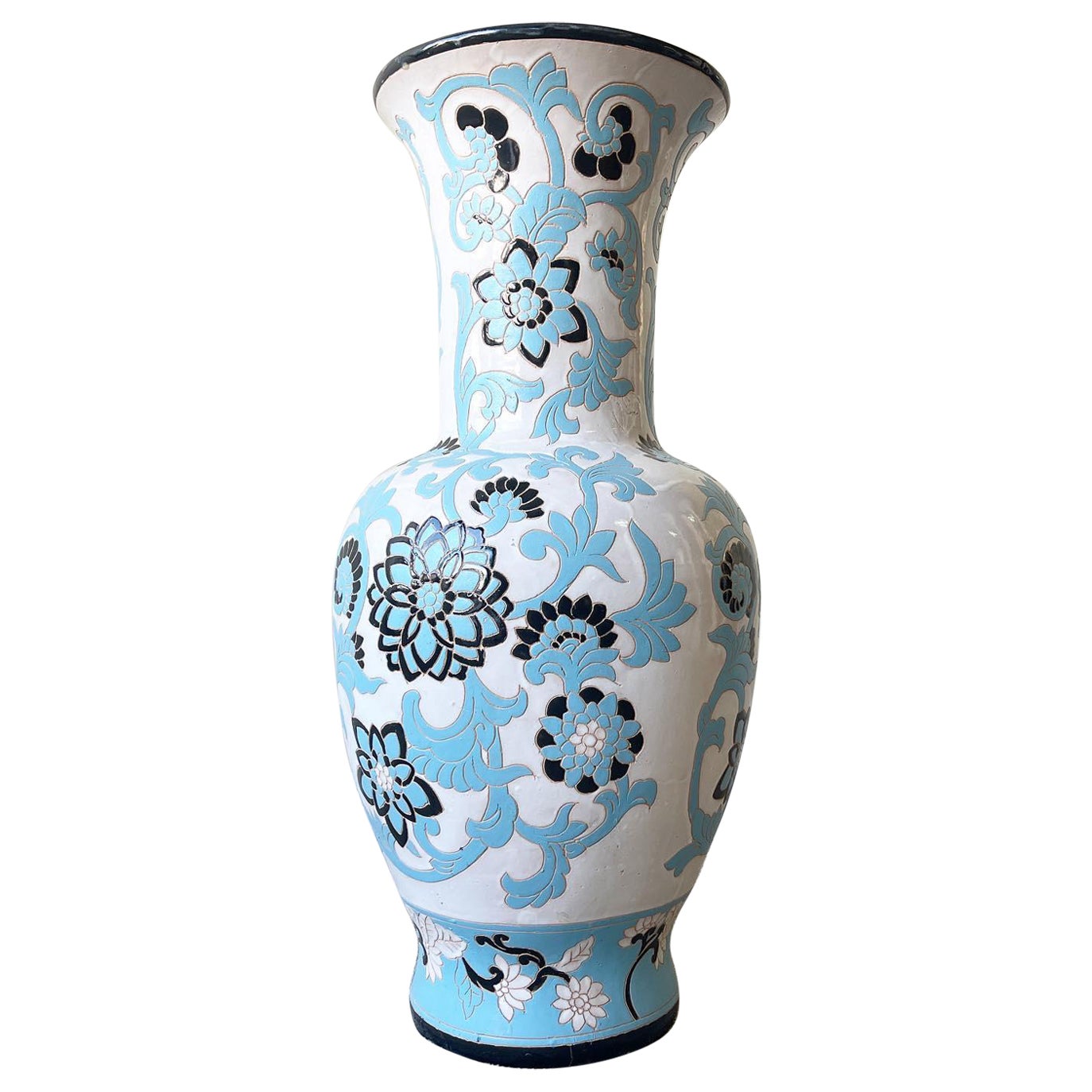 Asian White Black and Blue Lotus Flower Pottery Floor Vase