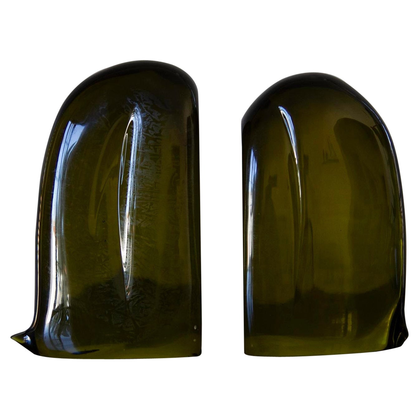 Vintage Mid-Century Modern Murano Amber Green Glass Bookends - a Pair For Sale