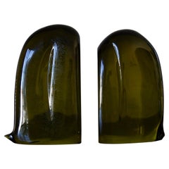 Vintage Mid-Century Modern Murano Amber Green Glass Bookends - a Pair