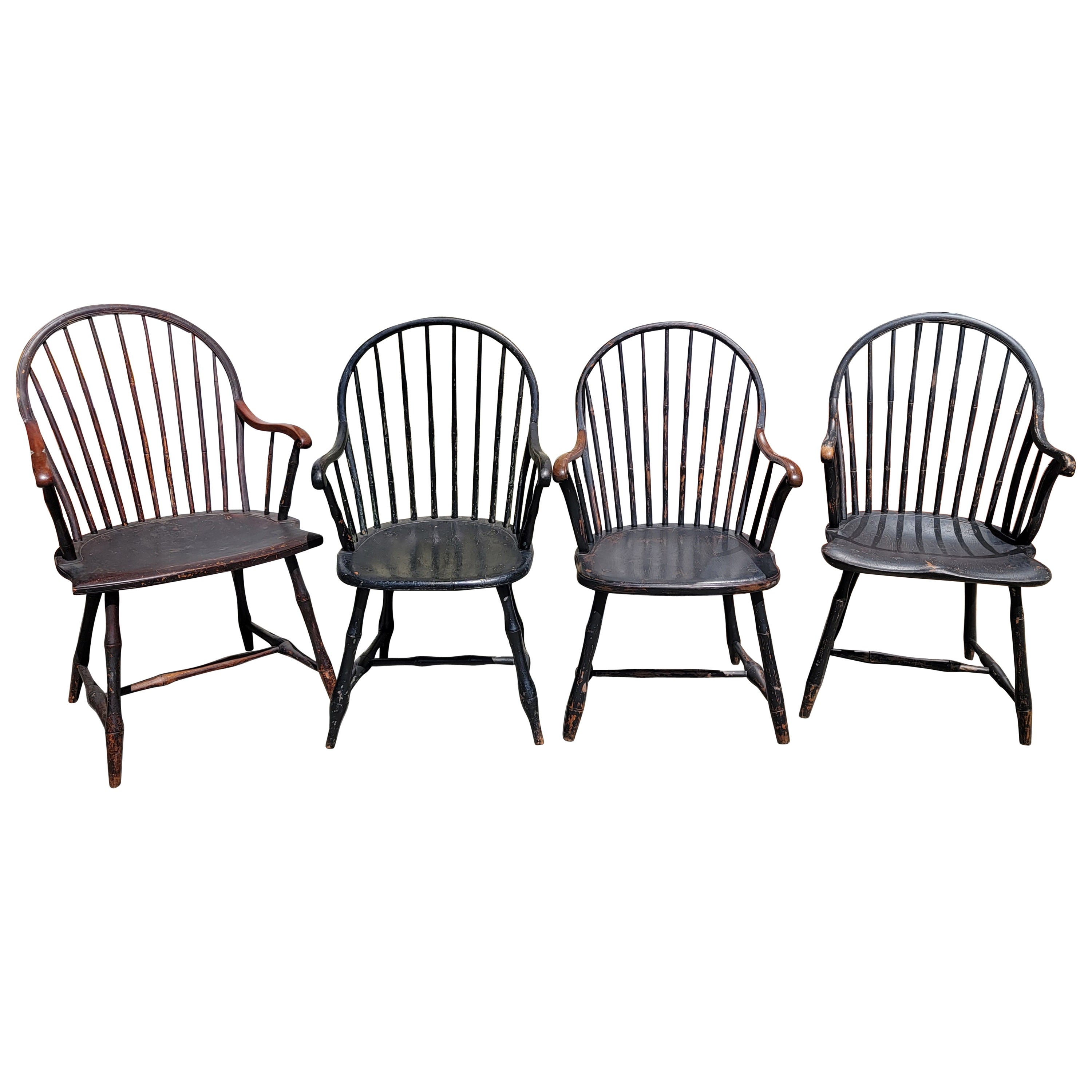19th C Extended Scroll Arm Windsor Arm Chairs. Set of Four