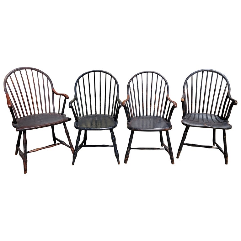 19th C Extended Scroll Arm Windsor Arm Chairs. Set of Four For Sale