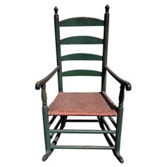 19th C Green Ladder Back Rocking Chair W/ Red Woven Rush Seat