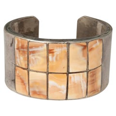 Mid-20th Century Native American Spiny Oyster Shell and Silver Cuff Bracelet 
