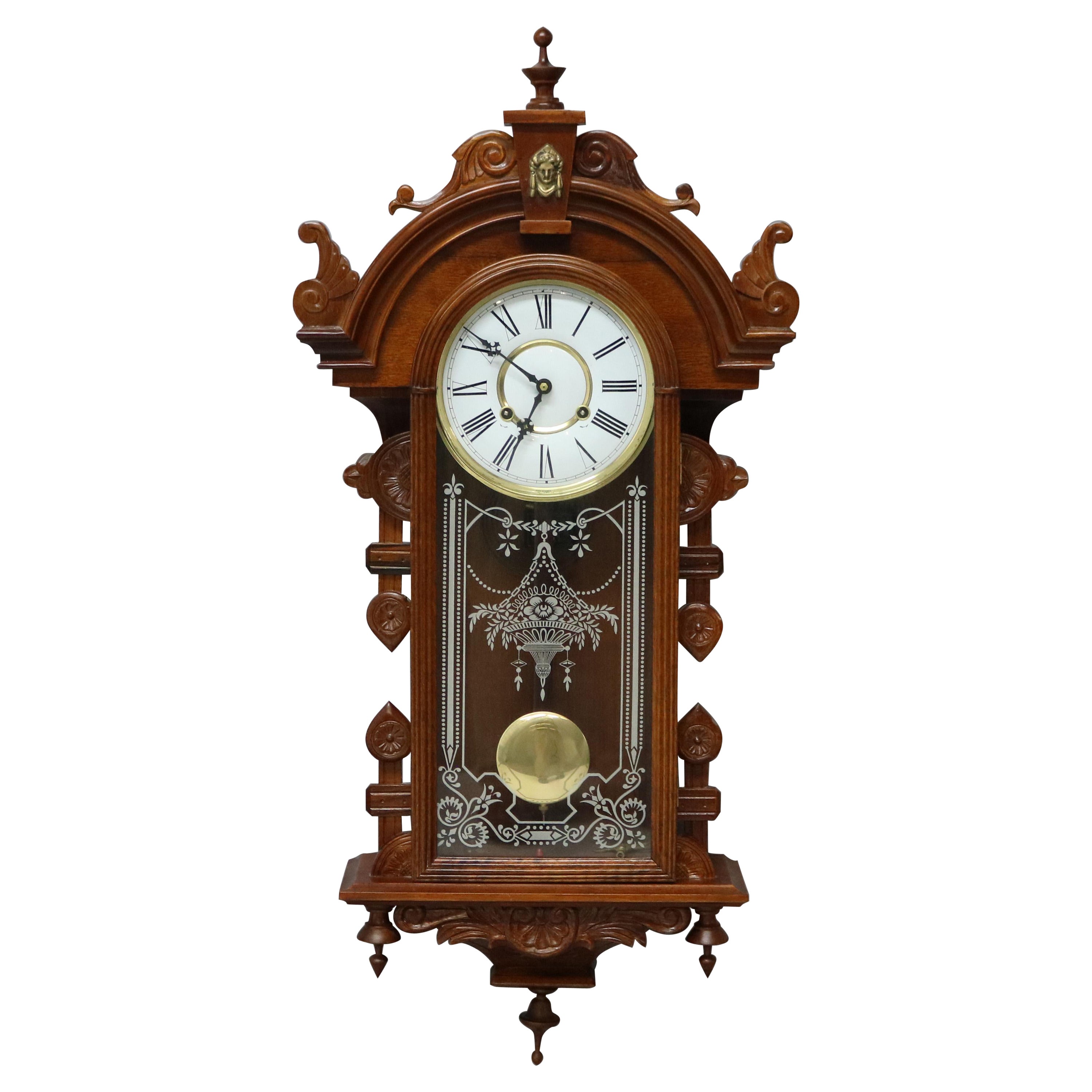 Victorian Style Carved Mahogany Wall Clock 20th C