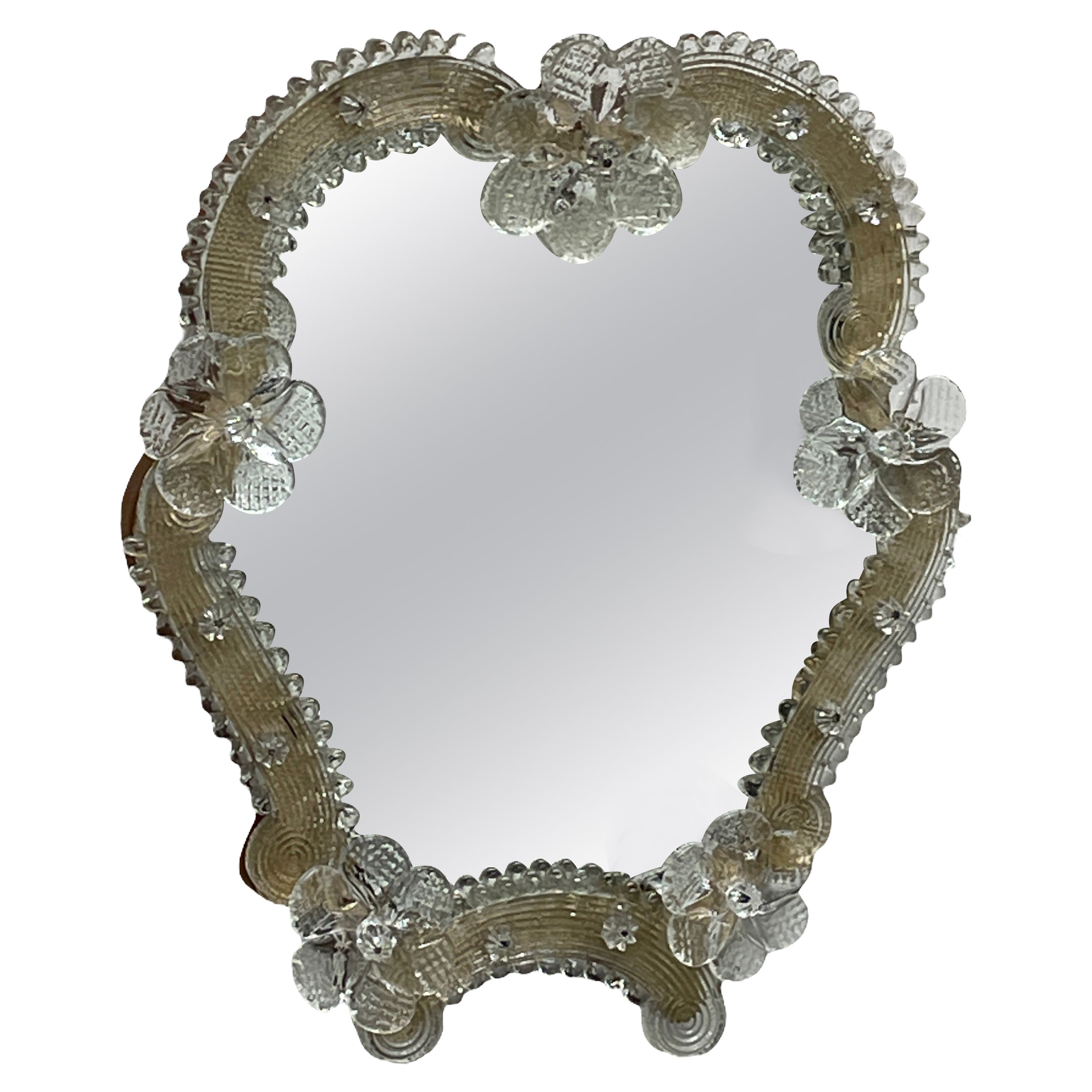 Petite Murano Glass Vanity Wall Mirror with Flowers 1950s, Italy Venetian Venice For Sale