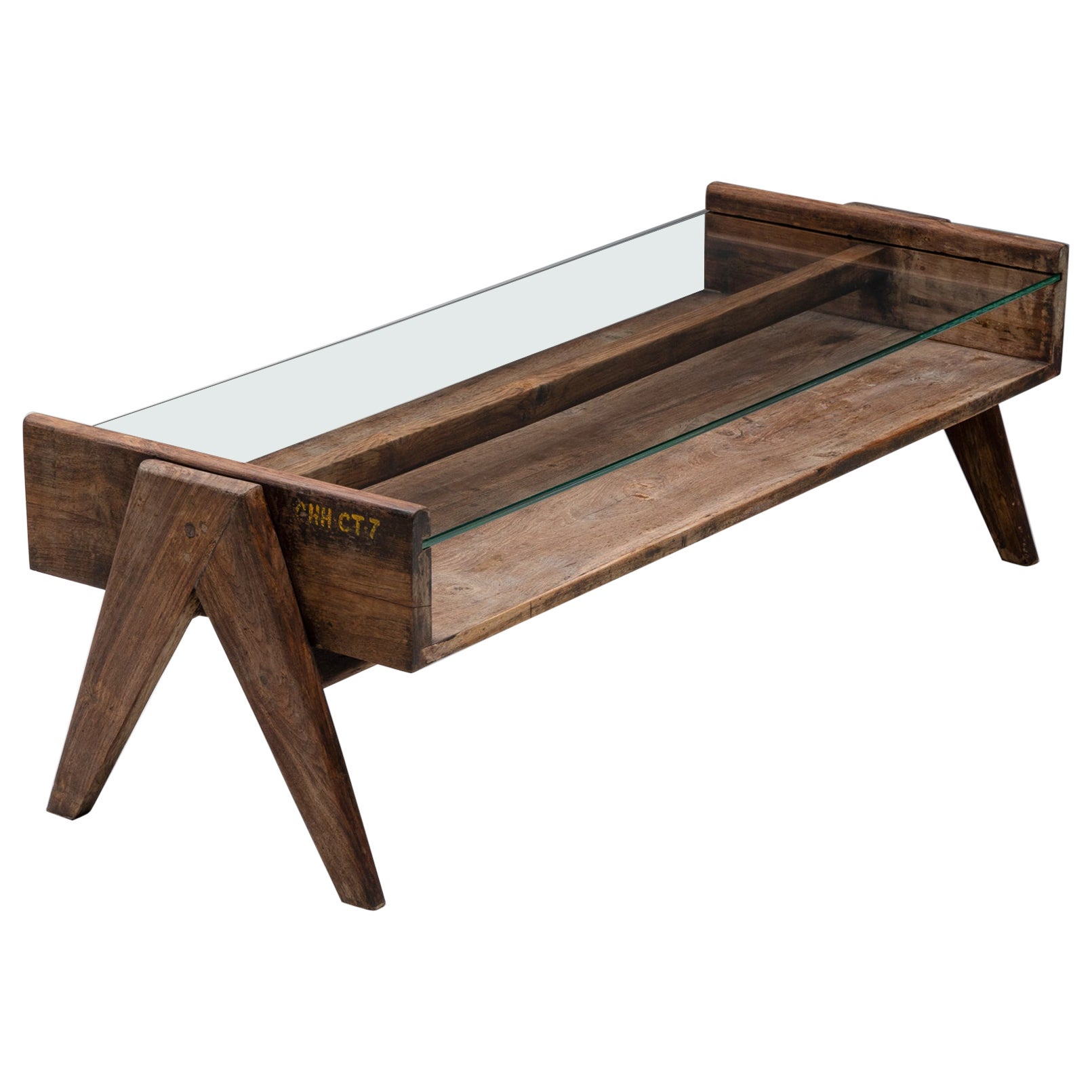 Pierre Jeanneret PJ-TB-05-A Coffee Table Chandigarh, Stained Teak, Glass, 1960s For Sale