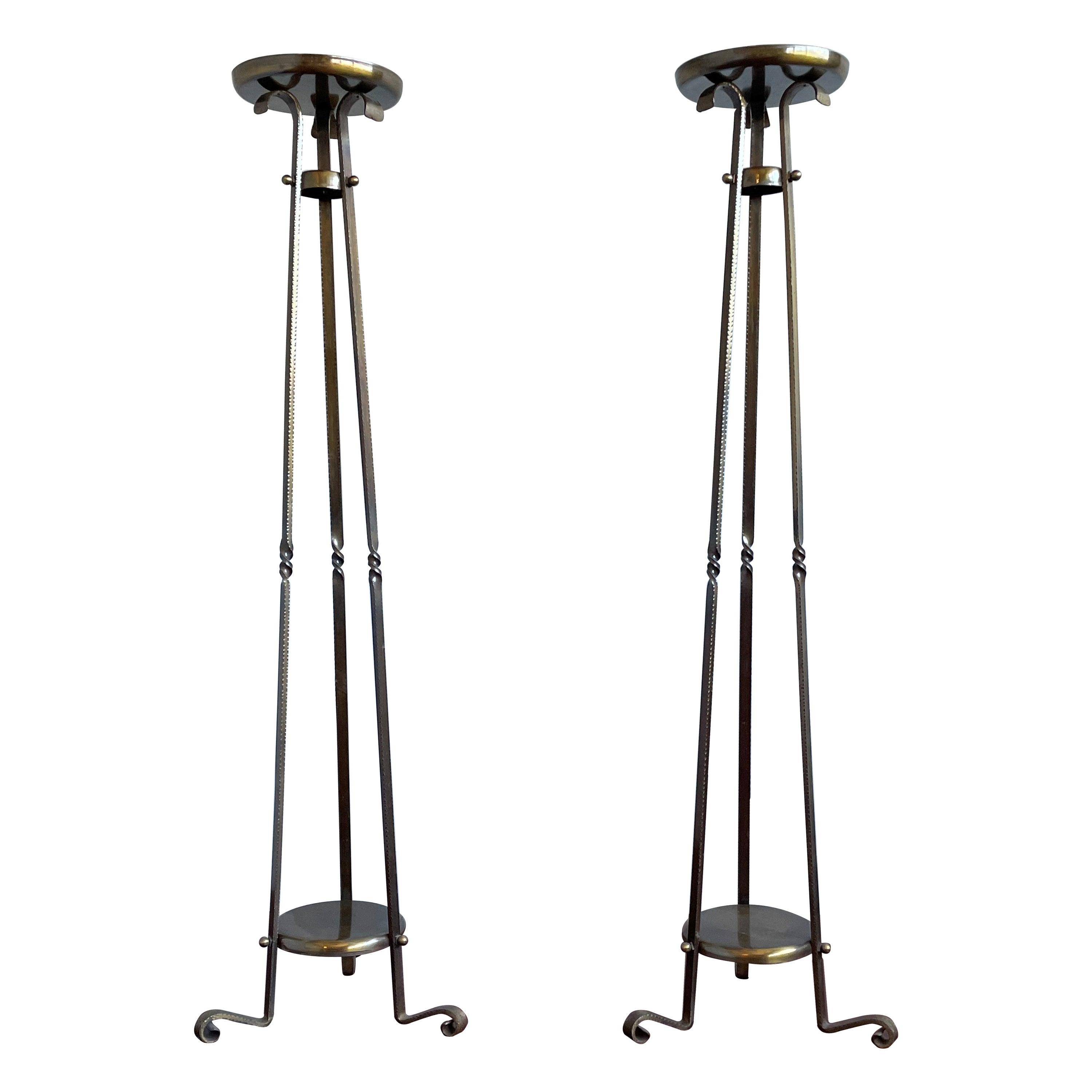 Stunning Pair of Forged Brass Arts and Crafts Church Altar Floor Candle Stands For Sale