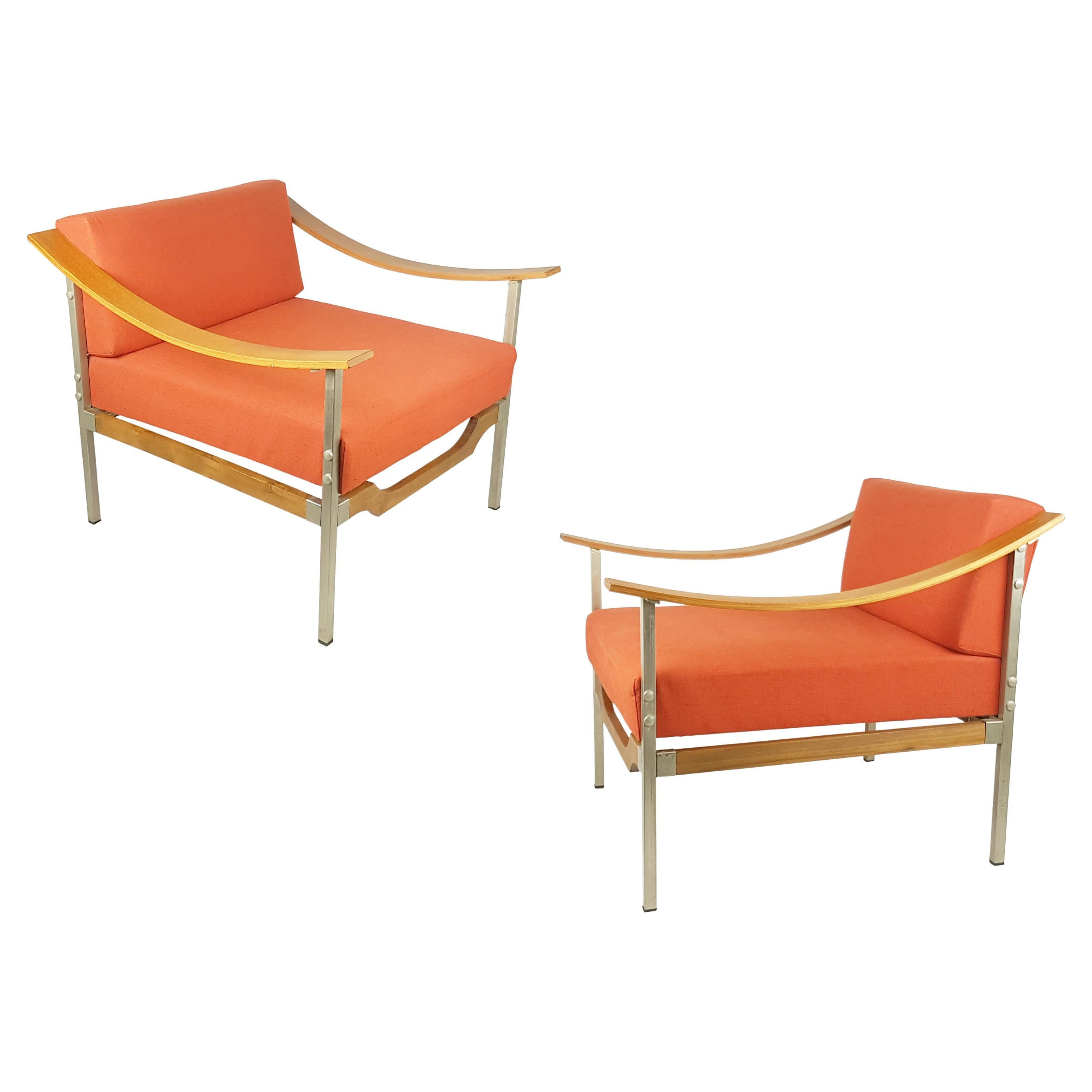 Red/Orange Fabric, Teakwood & Metal 1960s Armchairs, Set of 2 For Sale