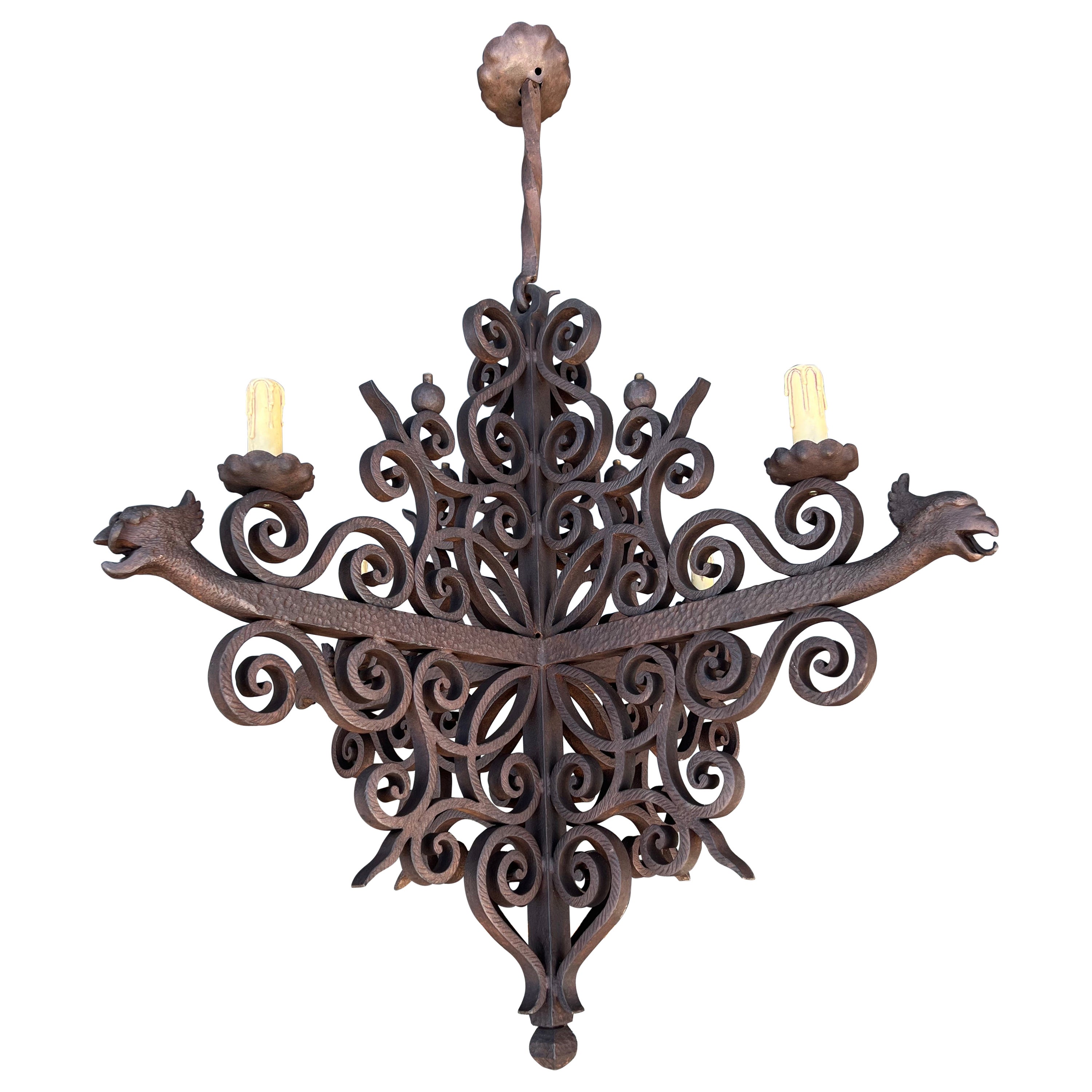 Impressive Large Forged Wrought Iron Four-Light Chandelier w. Phoenix Sculptures For Sale