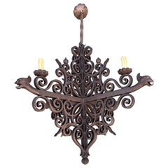 Used Impressive Large Forged Wrought Iron Four-Light Chandelier w. Phoenix Sculptures