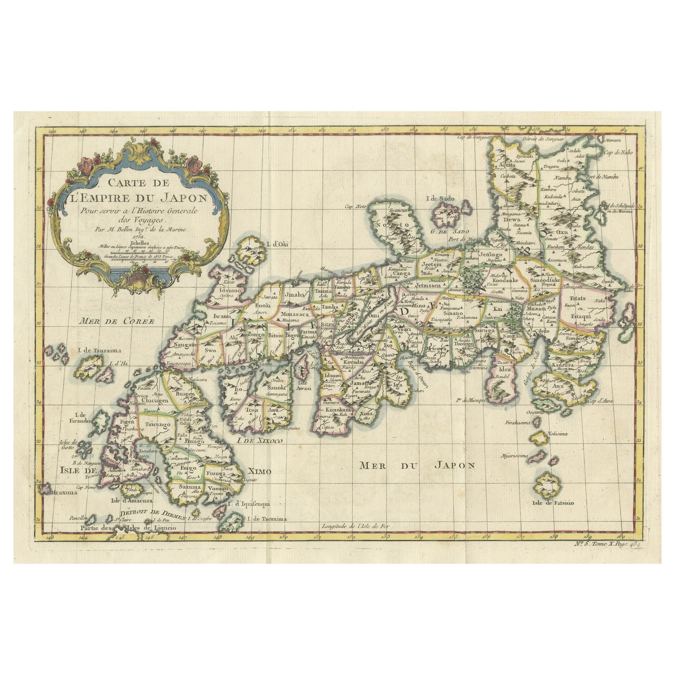 Attractive Hand-Tinted Antique Map of Japan, Published in 1752