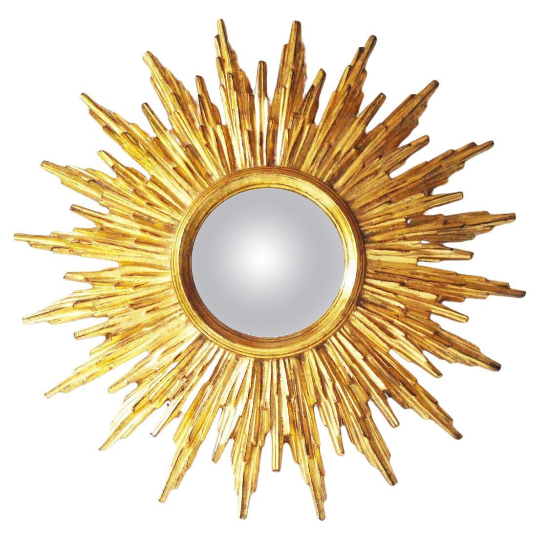 Shiny Giltwood Convex Sunburst Mirror, Starburst Carved Sun Mirror, Belgium 60s 