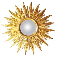 Shiny Giltwood Convex Sunburst Mirror, Starburst Carved Sun Mirror, Belgium 60s