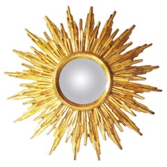 Shiny Giltwood Convex Sunburst Mirror, Starburst Carved Sun Mirror, Belgium 60s 