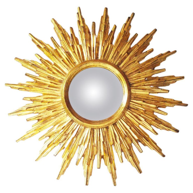 Shiny Giltwood Convex Sunburst Mirror, Starburst Carved Sun Mirror, Belgium 60s  For Sale