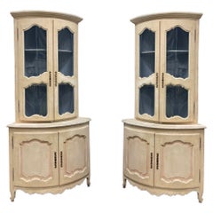 Retro Italian Hand Painted Blue Corner Cabinets with French Styling, Pair