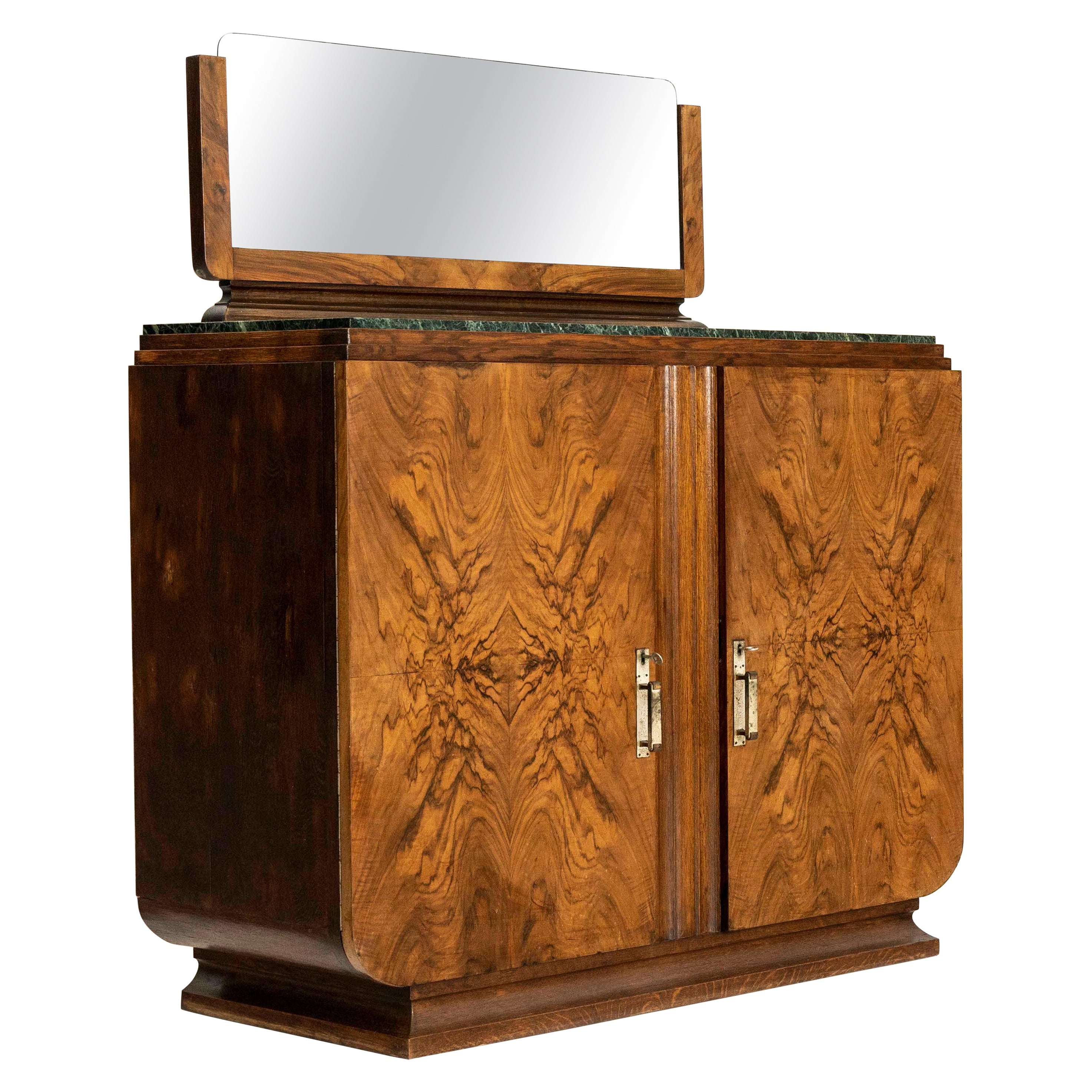 Art Deco Cabinet in Mahogany with Mirror and Marble Top, the Netherlands 1930s