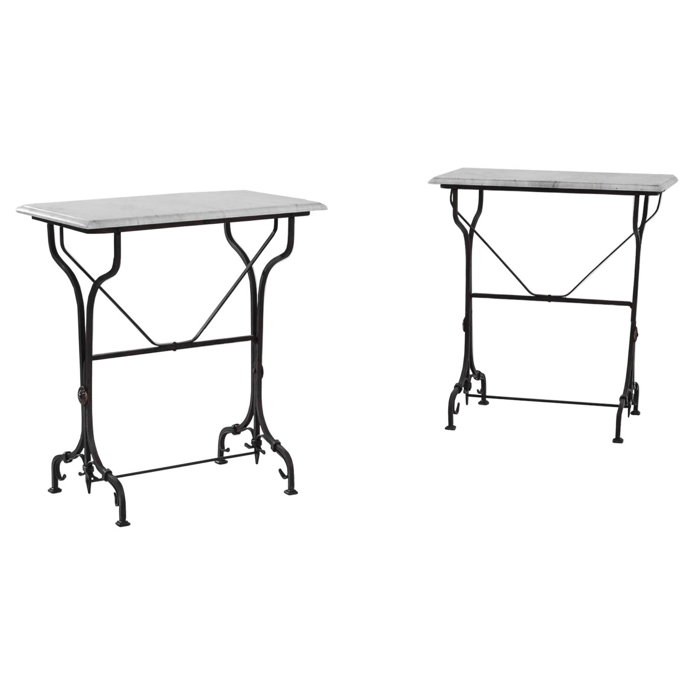 1950s French Wrought Iron Console Tables with Marble Tops, A Pair