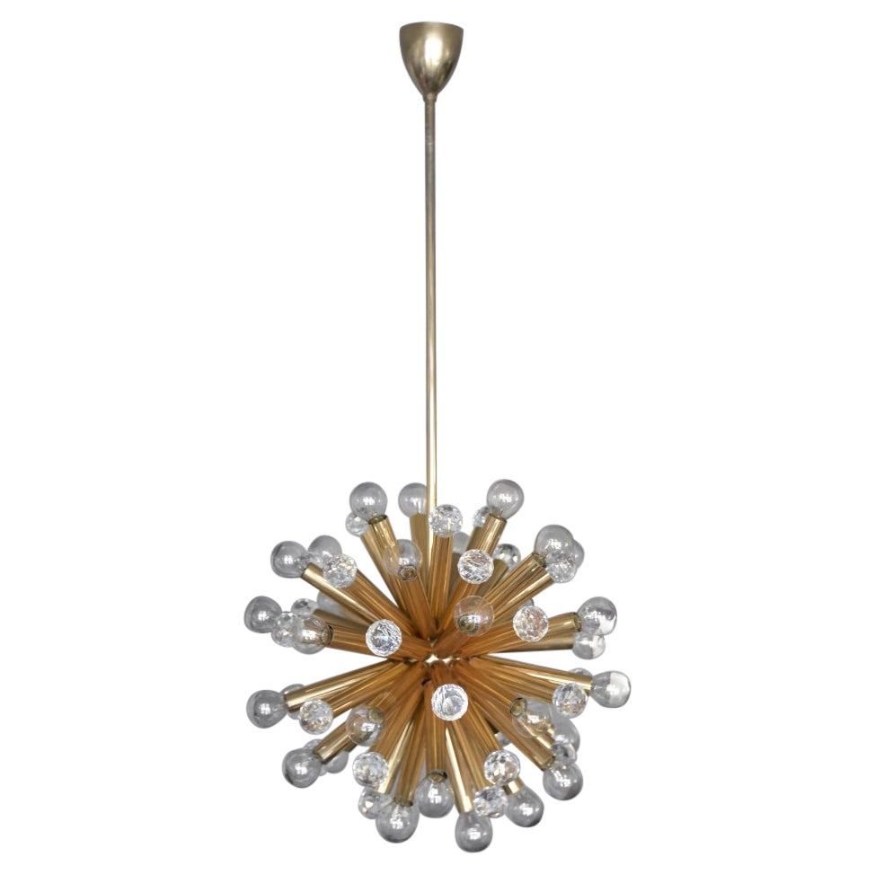 Vintage Glamour Gilt Brass Pendant Gold Lamp Swarovski Crystal by Palme, 1960s For Sale