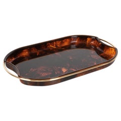 Midcentury Modern Italian Lucite and Brass Oval Serving Tray, 1970s