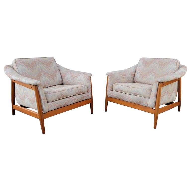 Folke Ohlsson for DUX Pair Upholstered Teak Lounge Chairs For Sale