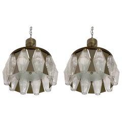 Pair of Metal Brass Murano Glass Pendant Lights by Aureliano Toso, Italy, 1960s