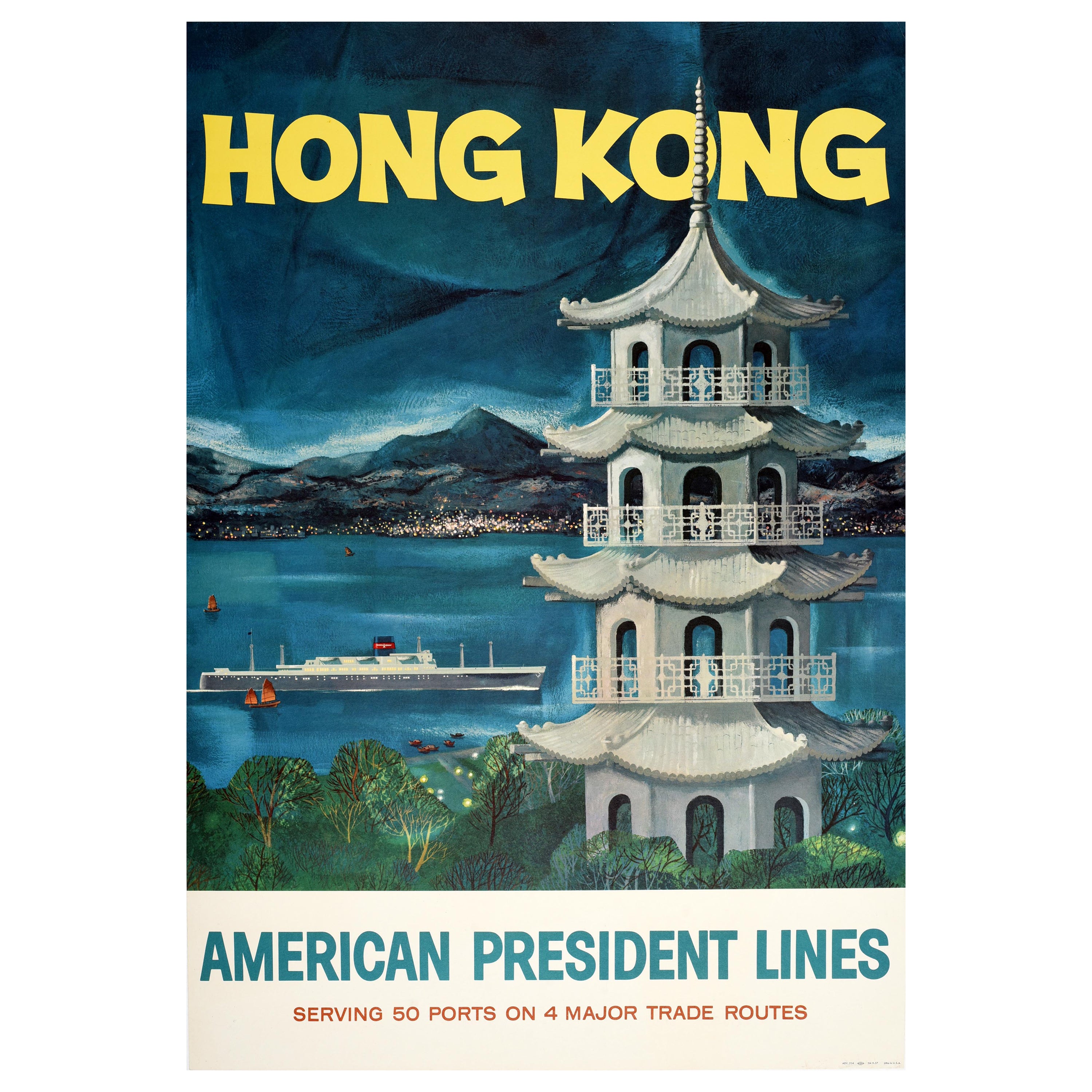Original Vintage Asia Travel Poster Hong Kong American President Lines Pagoda For Sale
