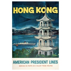 Affiche vintage originale de voyage en Asie, Hong Kong American President Lines, Pagoda