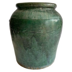 Large Antique Chinese Green Glazed Ceramic Soy Sauce Jar, C. 1900