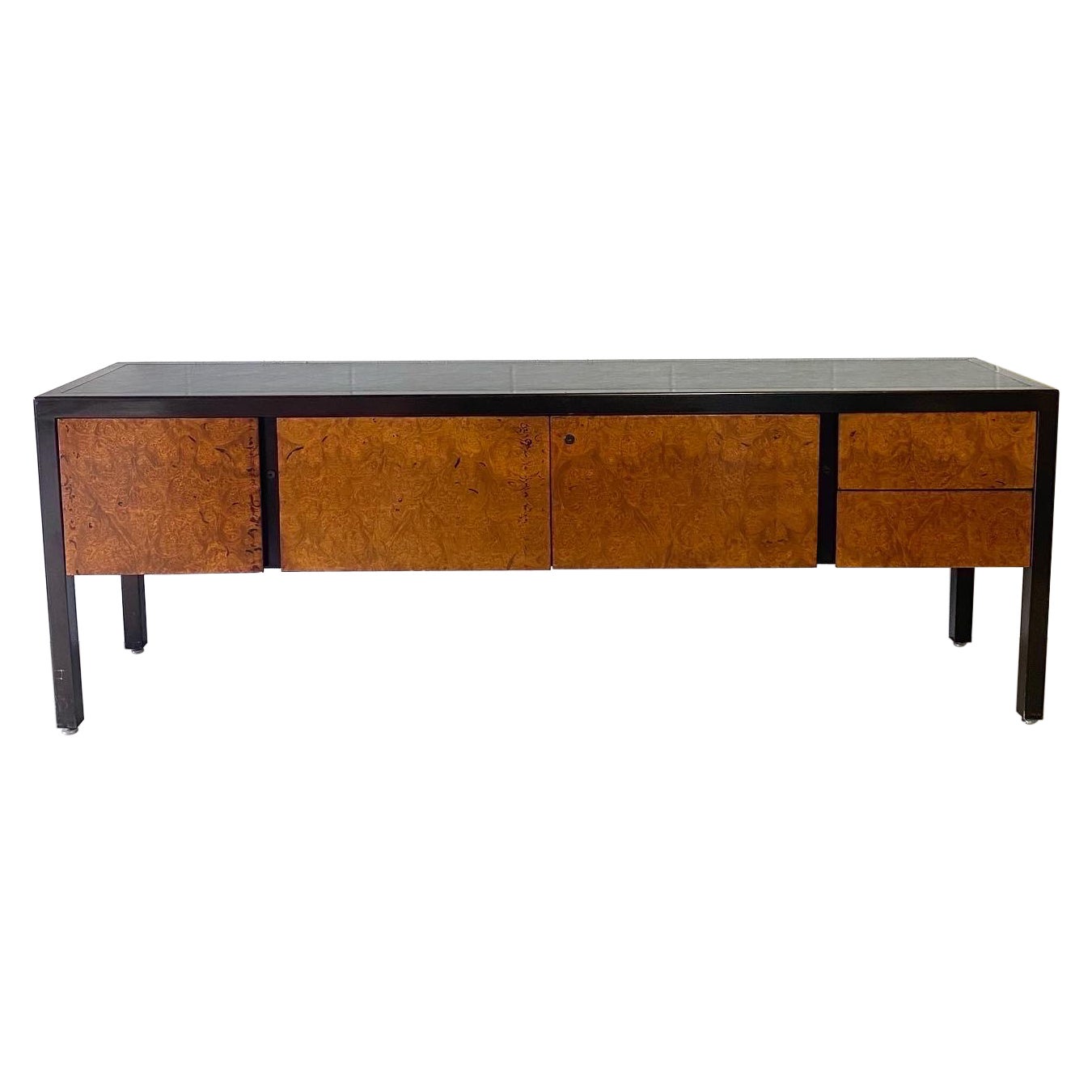 Midcentury Modern Olive Burl, Leather Top and Mahogany Frame Credenza Sideboard