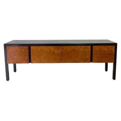 Midcentury Modern Olive Burl, Leather Top and Mahogany Frame Credenza Sideboard