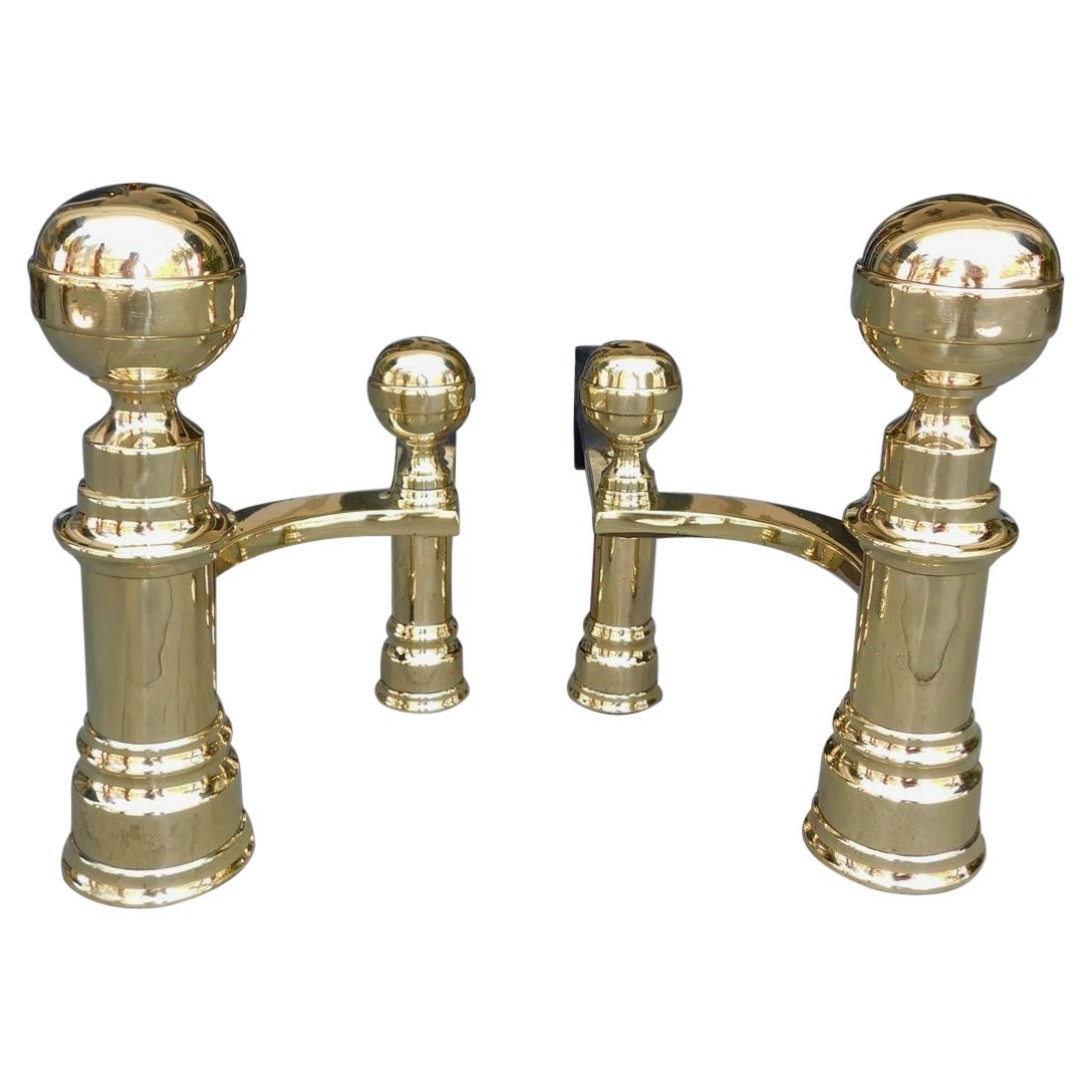 Pair of American Brass & Wrought Iron Ball Finial Andirons, J. Hunneman C. 1820 For Sale