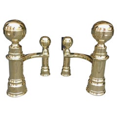 Pair of American Brass & Wrought Iron Ball Finial Andirons, J. Hunneman C. 1820